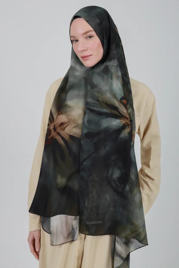 Kozmos Desenli Yeşil Şal