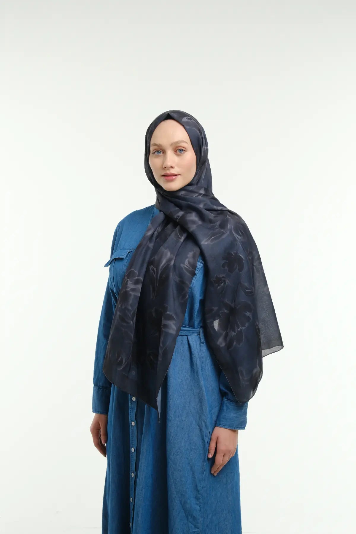 Peony Desen Şal - Lacivert - Görsel 3
