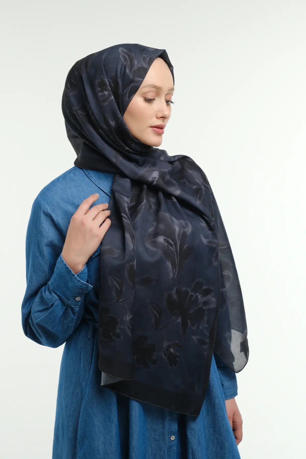 Peony Desen Şal - Lacivert - Görsel 5