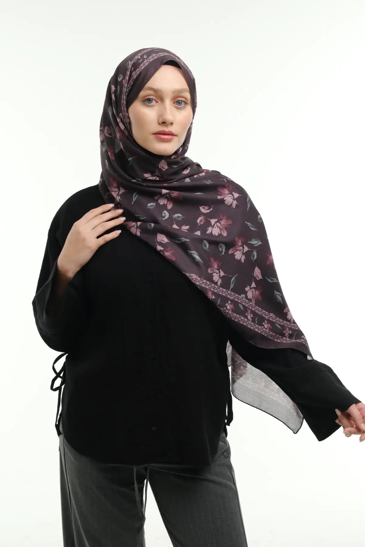 Rosel Desen Şal - Koyu Mürdüm - Görsel 5